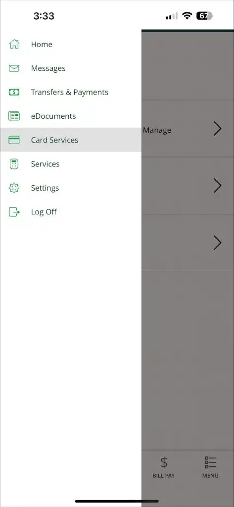 Card Services Menu