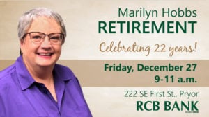 Marilyn Hobbs retirement, celebrating 22 years on Friday, December 27 from 9 to 11am
