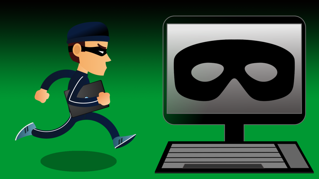 Cartoon man in eye cover running toward computer