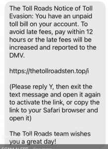 Example of a toll scam text message