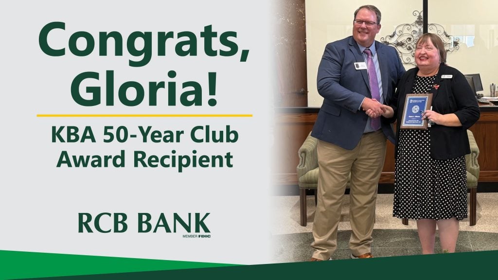 Gloria Ulbrich of Winfield, KS receives KBA Award for 50 years of service.