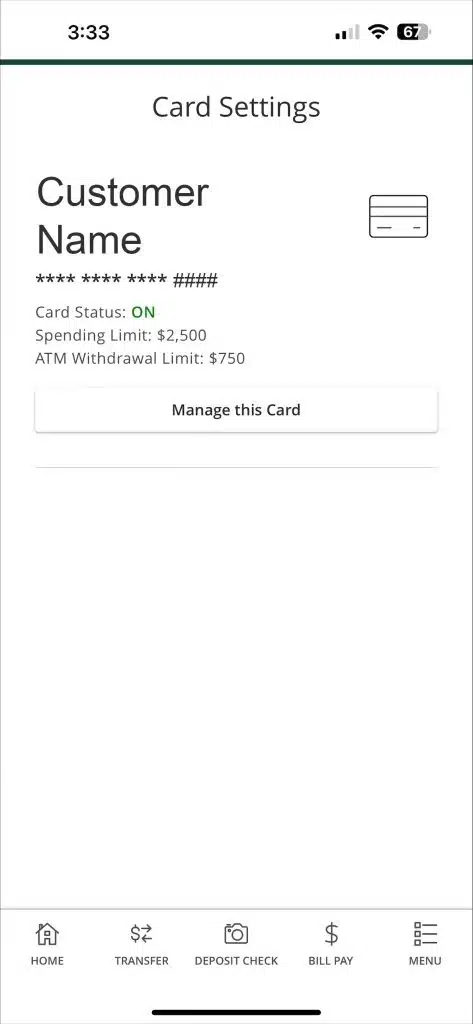 Manage this card screen shot