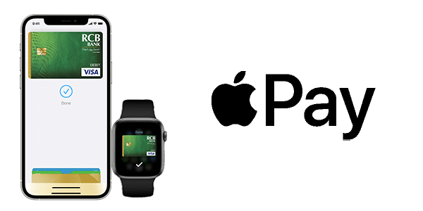 an iPhone and Apple Watch with RCB Bank Visa card on the screen alongside the Apple Pay logo