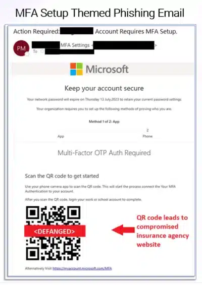 MFA Setup themed phishing Email, QR code leads to compromised insurance agency website