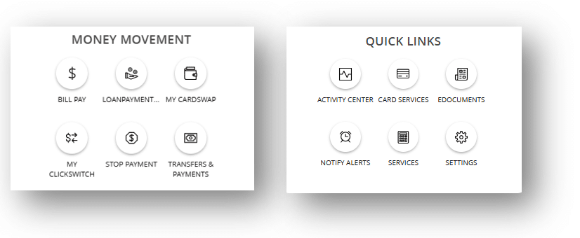 You can get to many of your favorite online banking pages/actions by clicking on a button.
